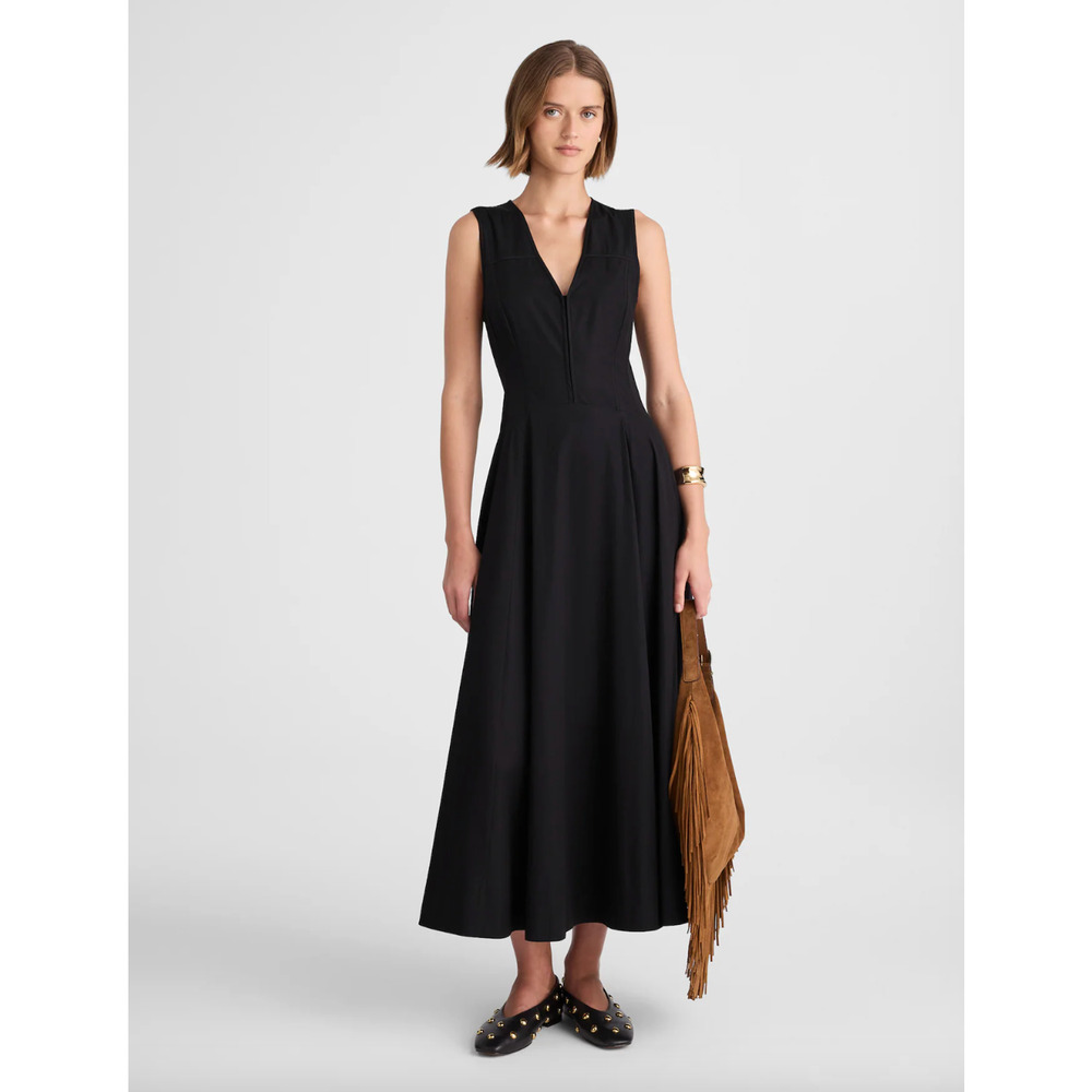 Madewell V Neck Circle Midi Dress Cotton Jet Black Classic Minimalist 0 NWT